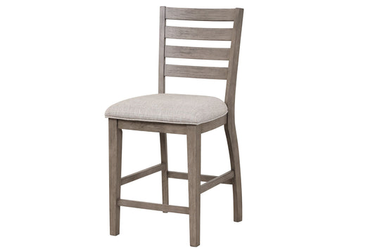 Gray wooden ladder back counter stool with upholstered seat
