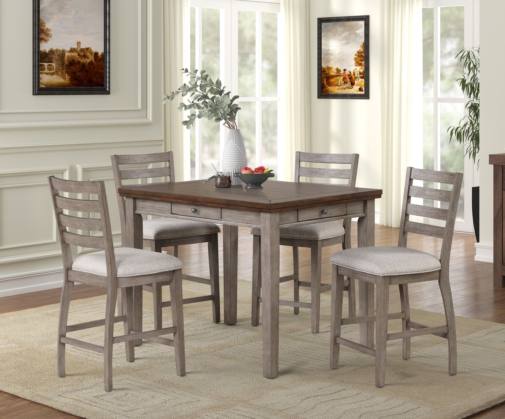 Gray wash wood counter height dining set with upholstered stools