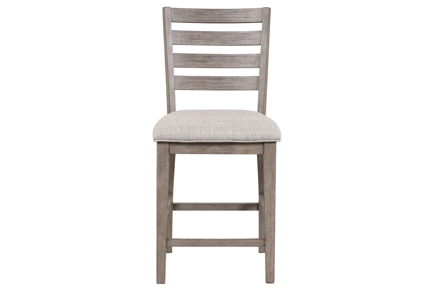 Gray wooden counter stool with ladder back and light gray upholstered seat