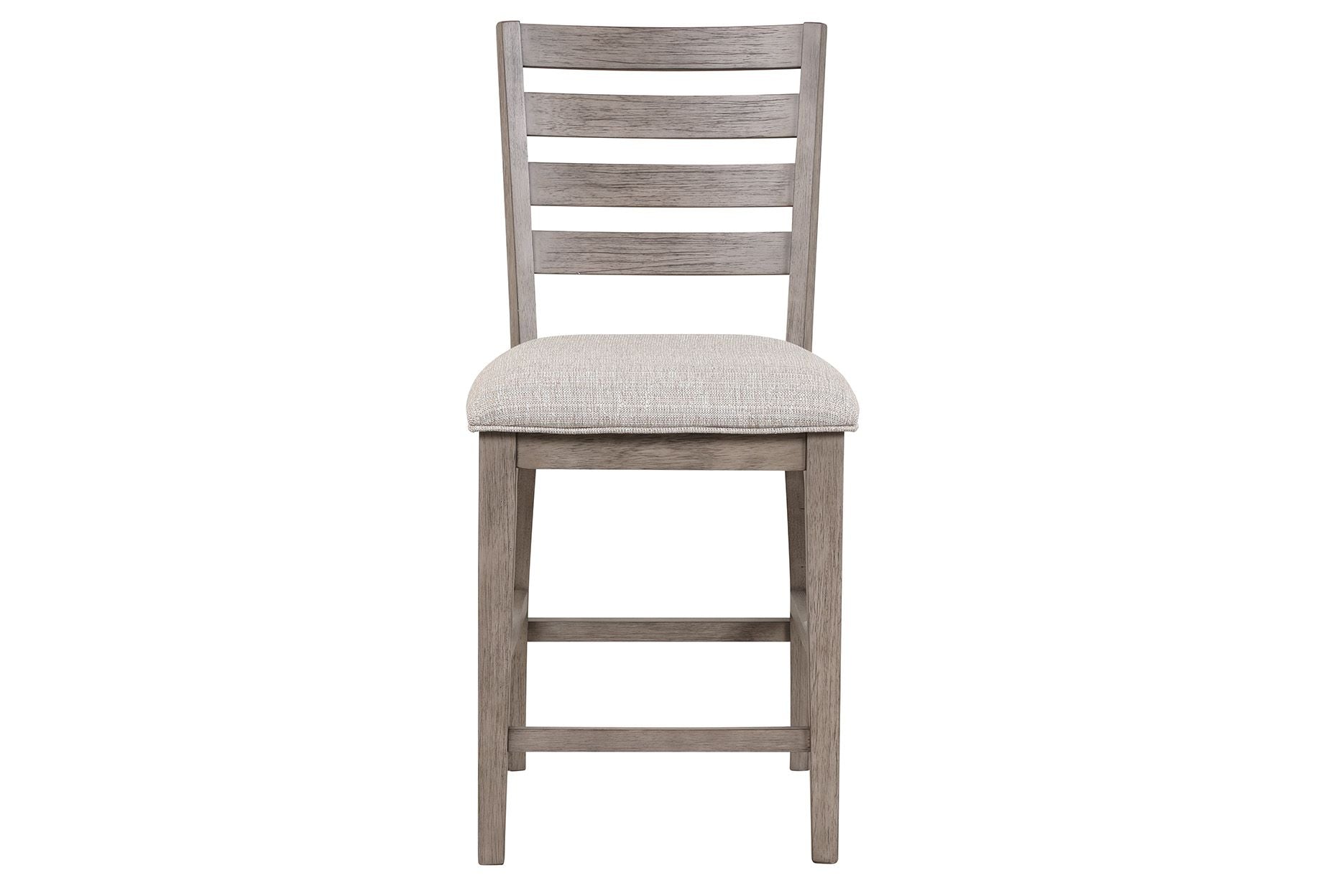Gray wooden counter stool with ladder back and light gray upholstered seat