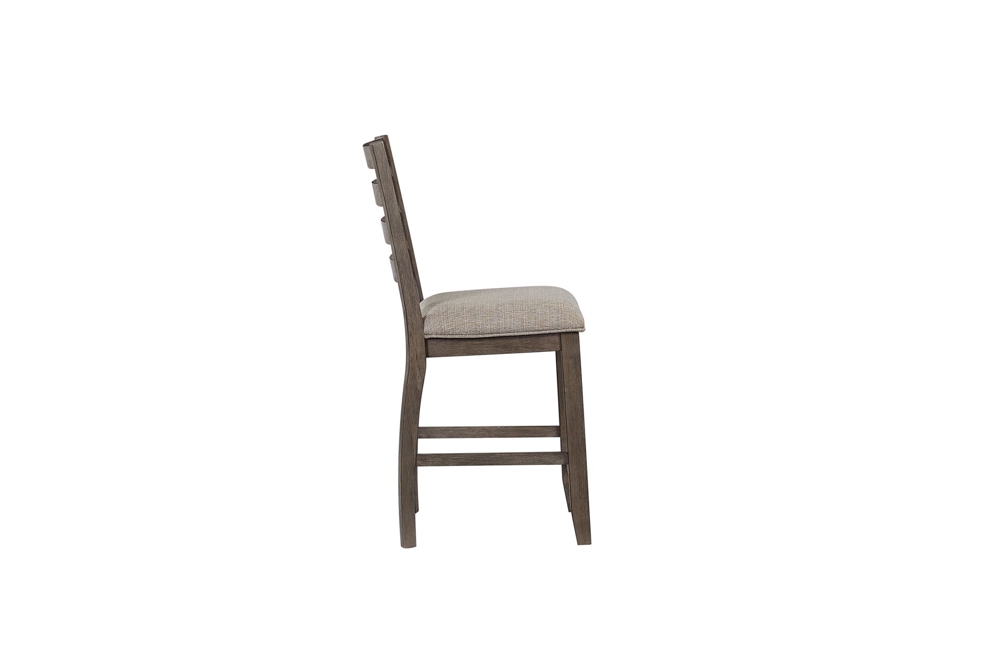 Rustic wood counter stool with a textured grey seat and slatted back