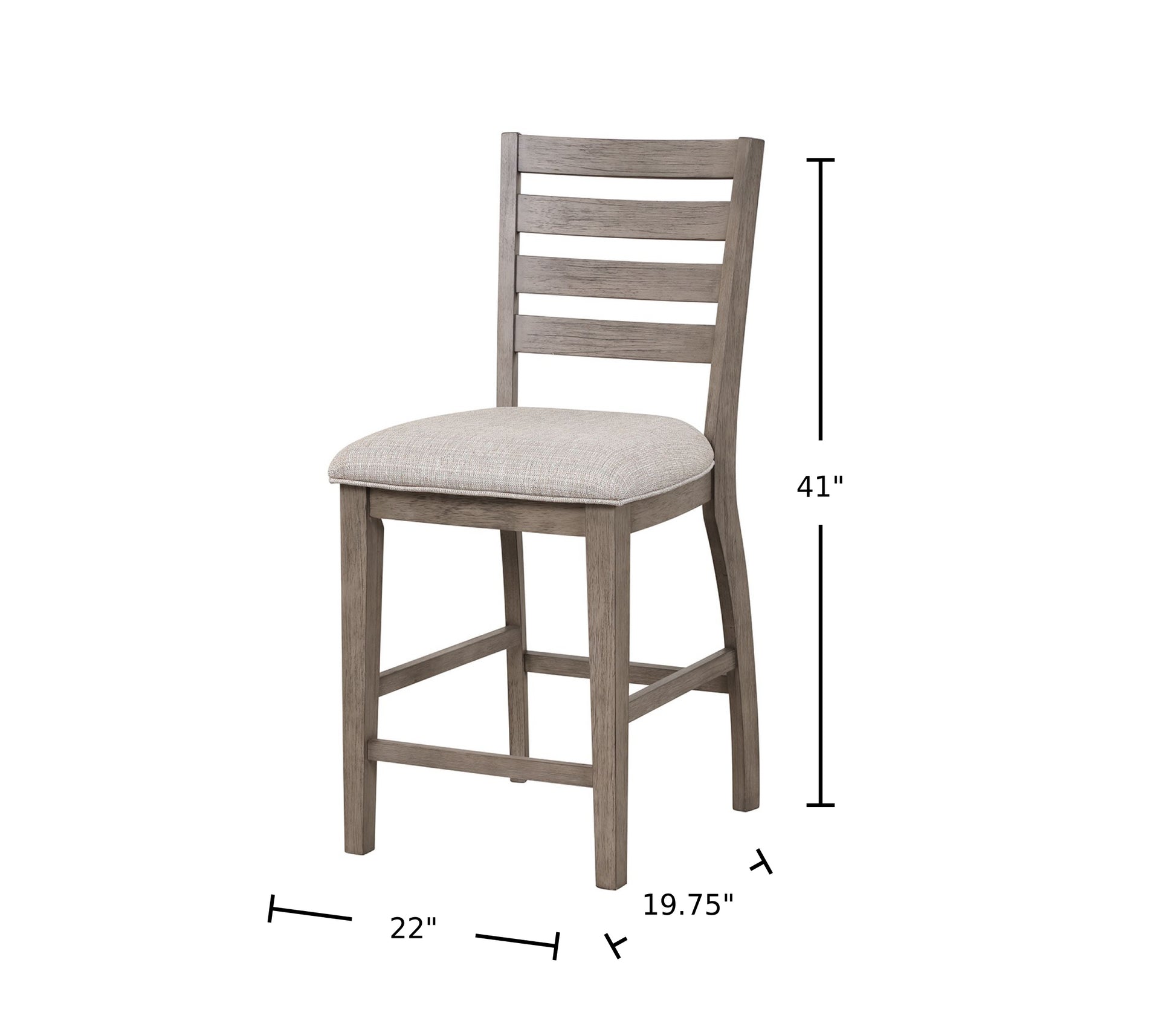 Gray wood counter stool with upholstered seat and slatted back