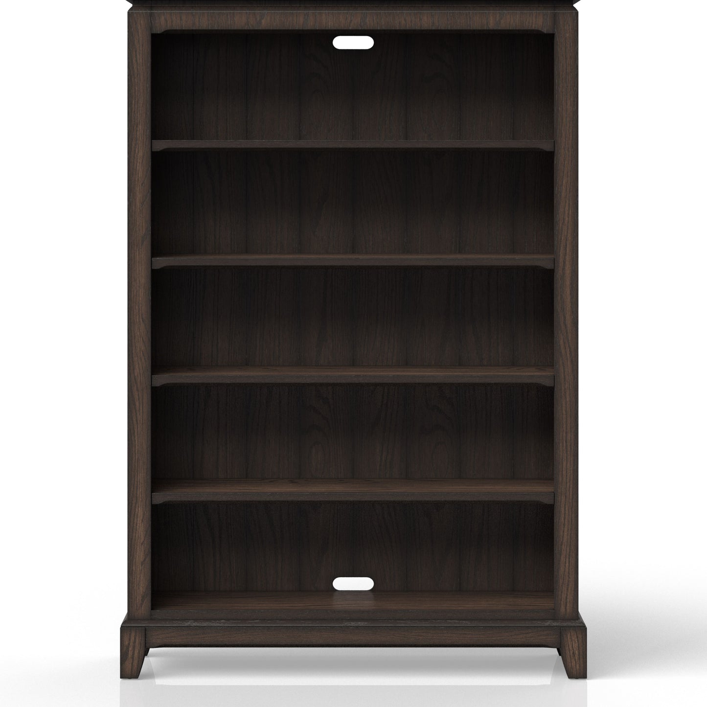 Dark brown wooden bookshelf with five open shelves and cord management cutouts