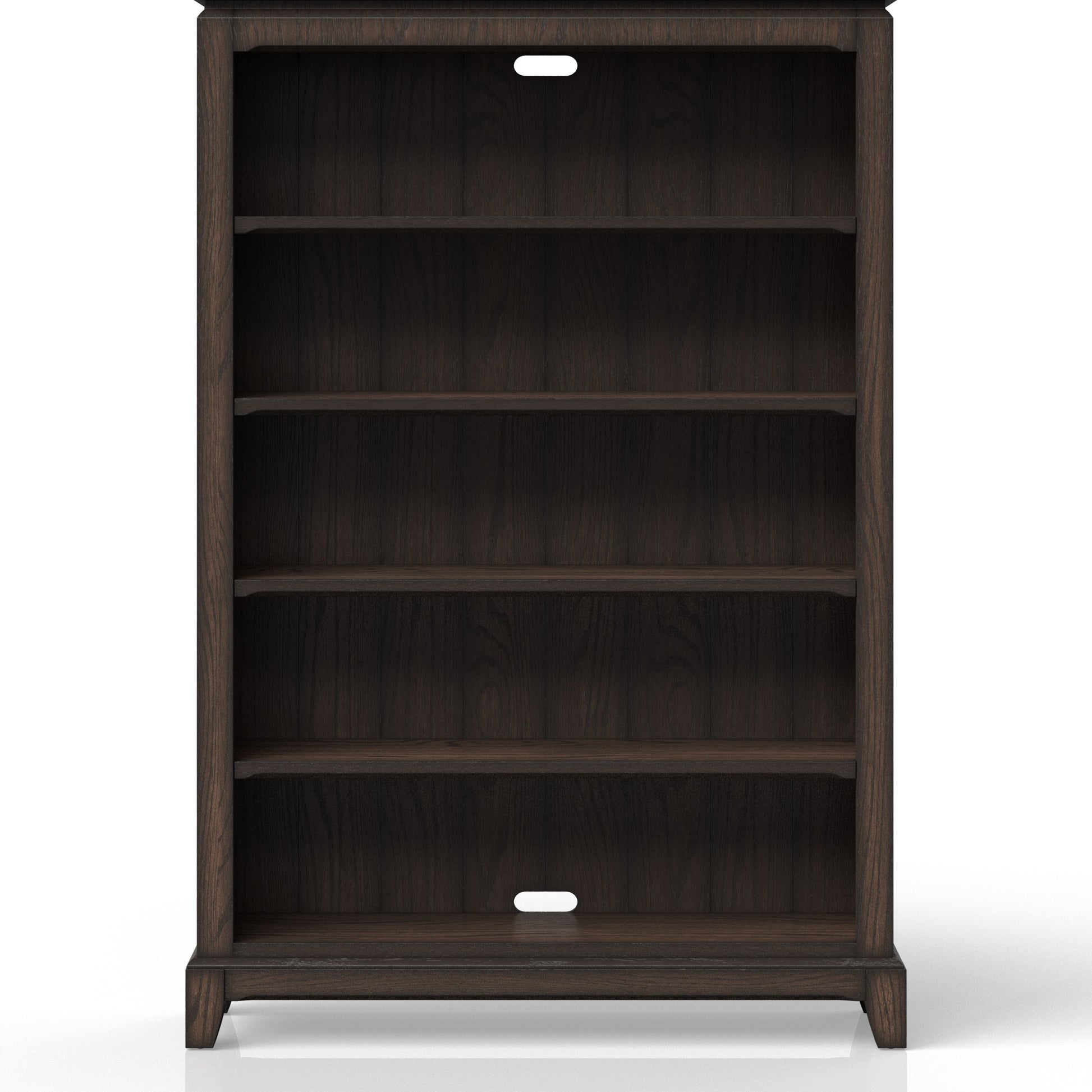 Dark brown wooden bookshelf with five open shelves and cord management cutouts