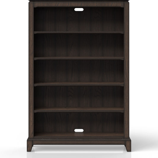 Dark brown wooden bookshelf with five open shelves and cord management cutouts