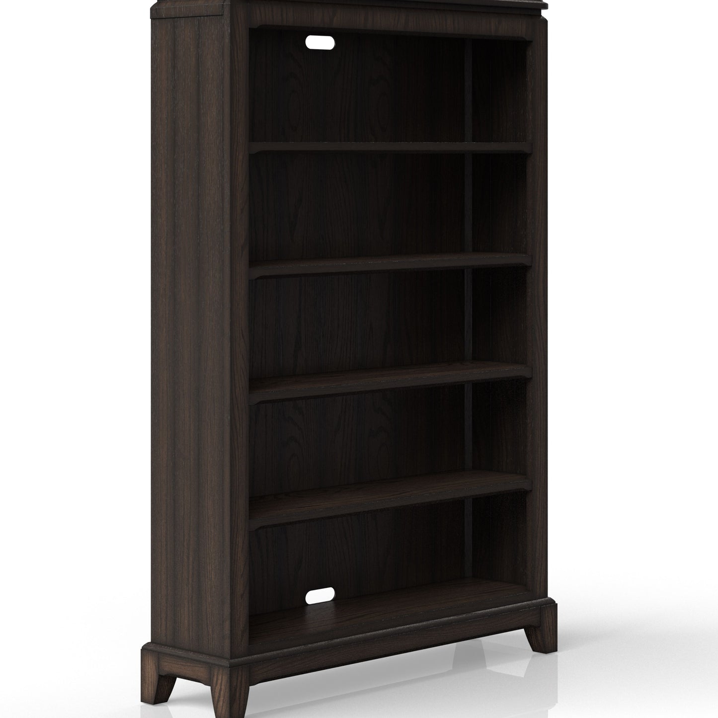 Dark oak bookshelf with five open shelves and cord management holes