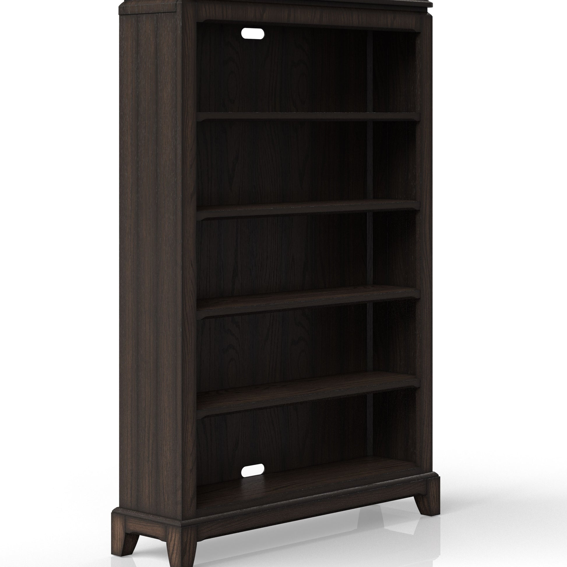 Dark oak bookshelf with five open shelves and cord management holes