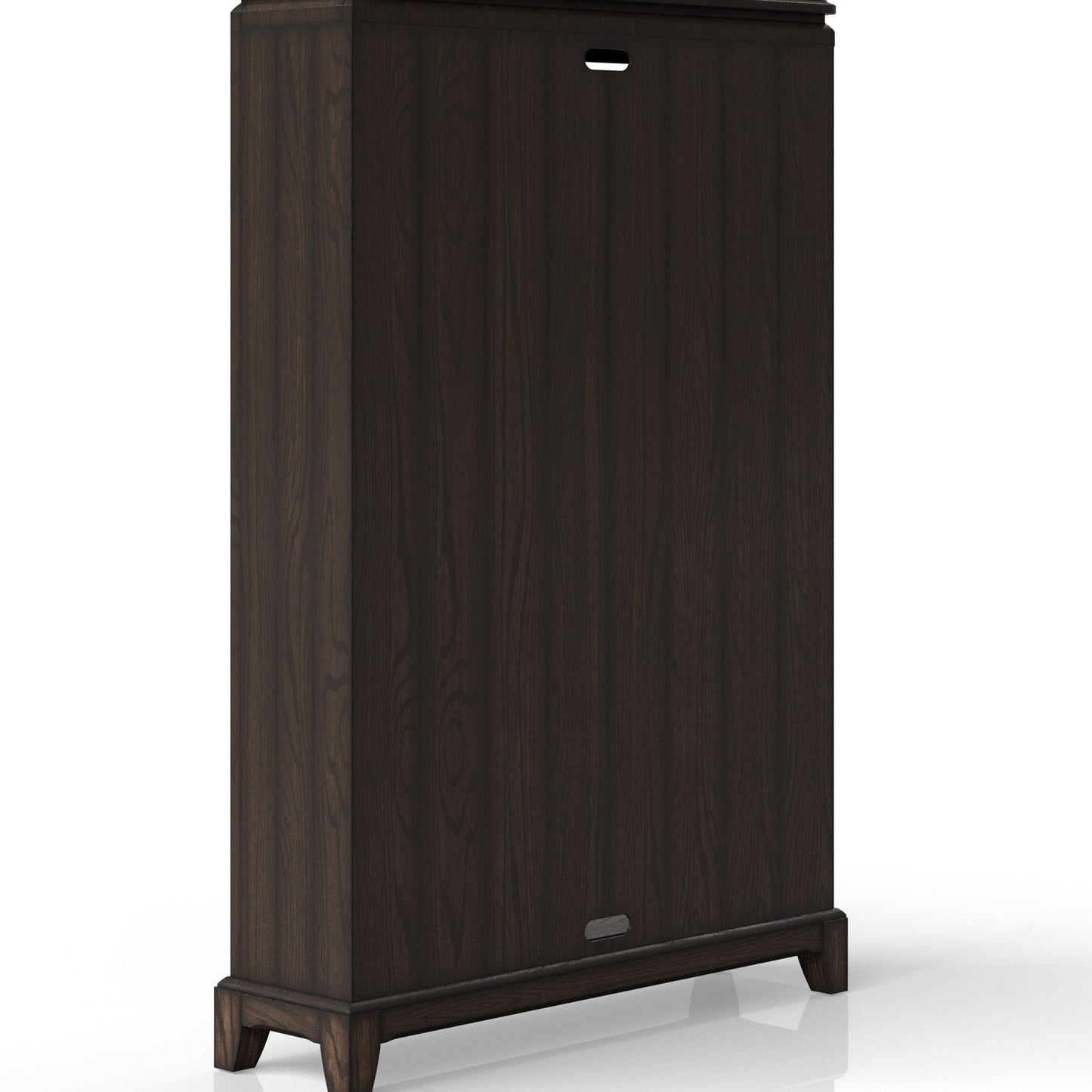 Dark brown wood cabinet with recessed handle cutout