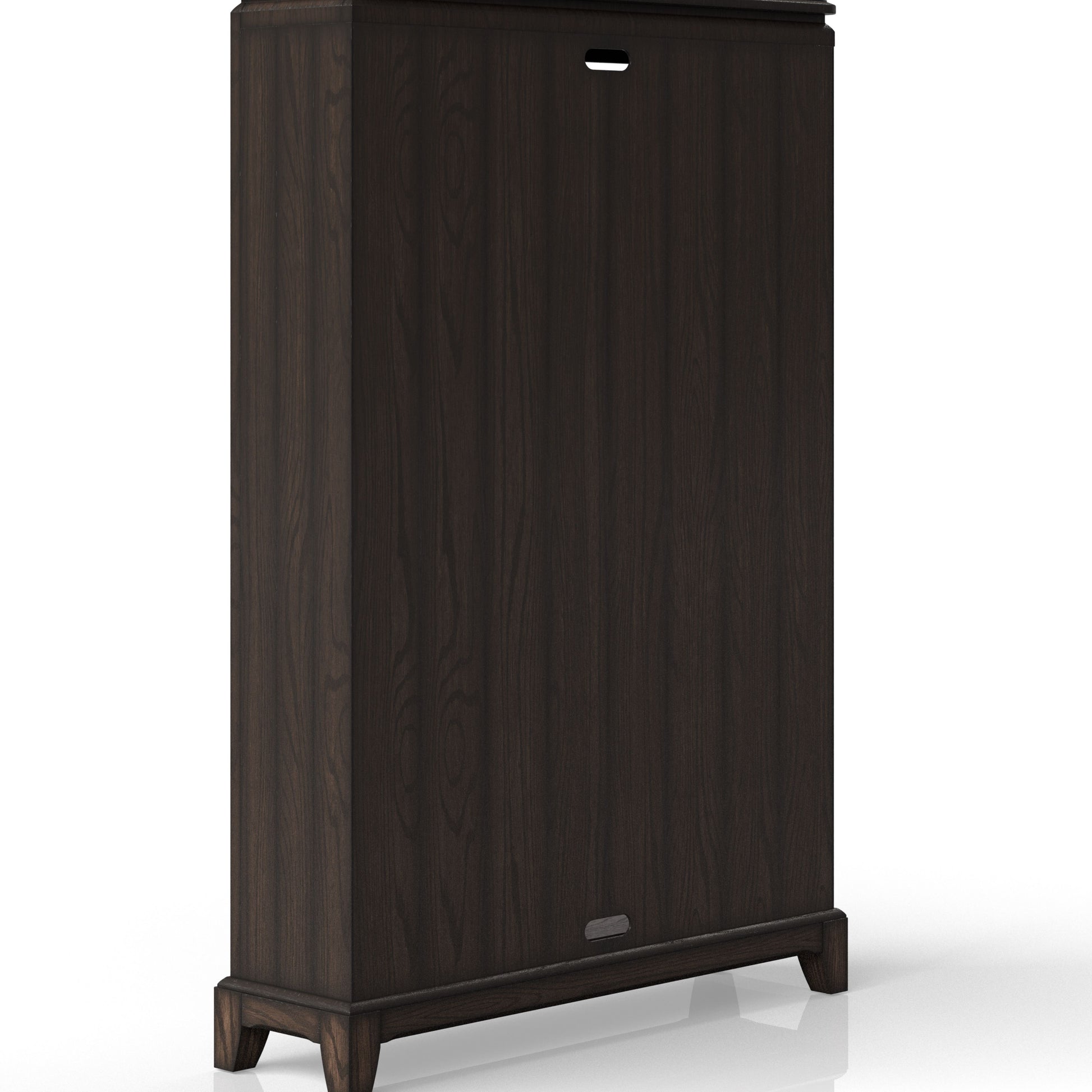 Dark brown wood cabinet with recessed handle cutout