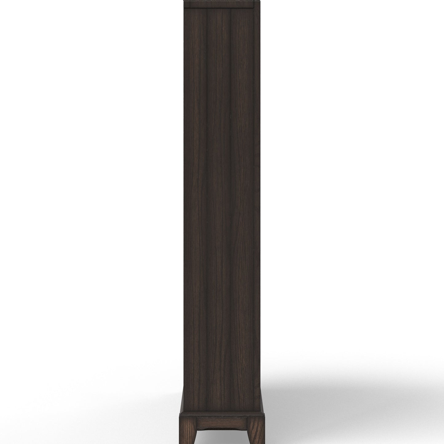 Dark wood tall bookcase side view with clean lines