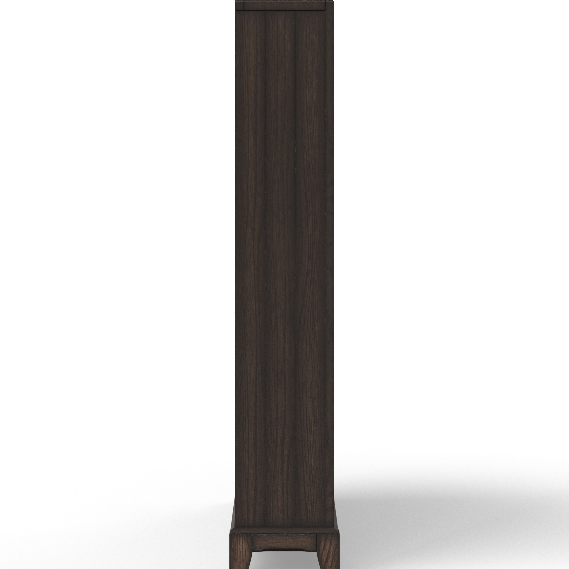 Dark wood tall bookcase side view with clean lines