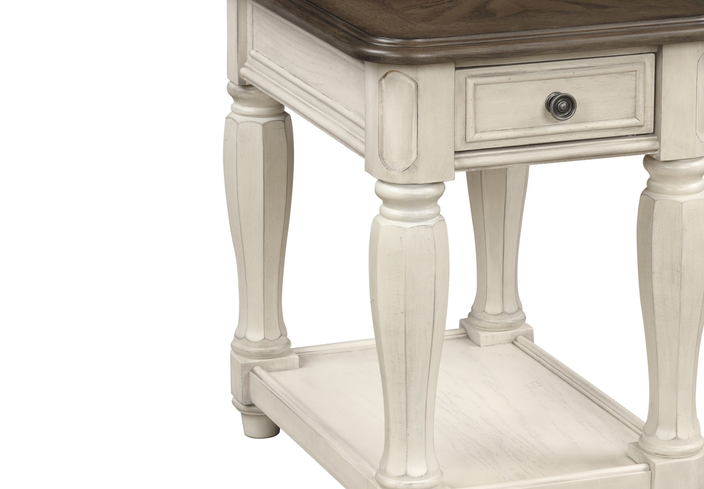 Rustic farmhouse end table with distressed cream base and dark wood top