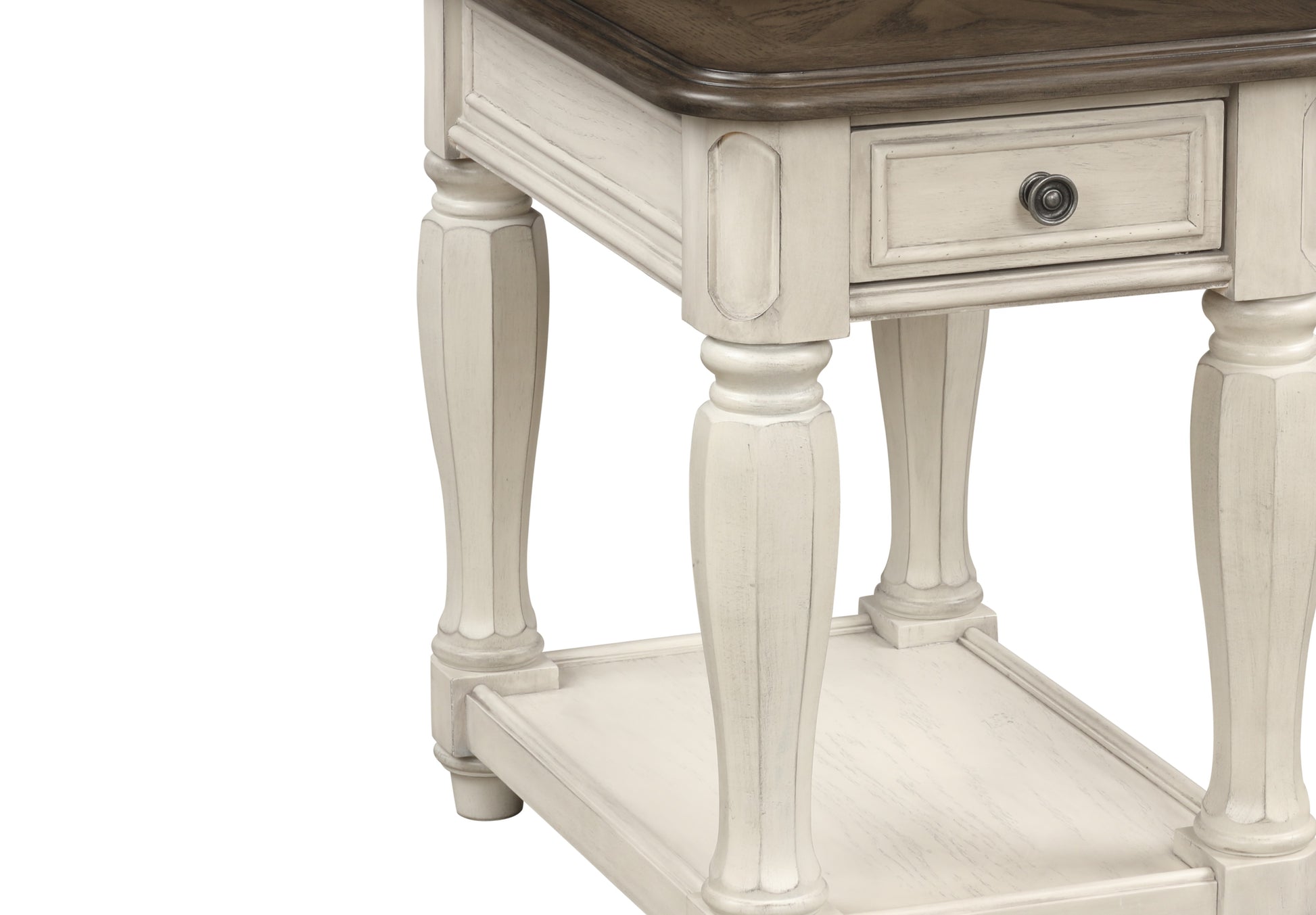 Rustic farmhouse end table with distressed cream base and dark wood top