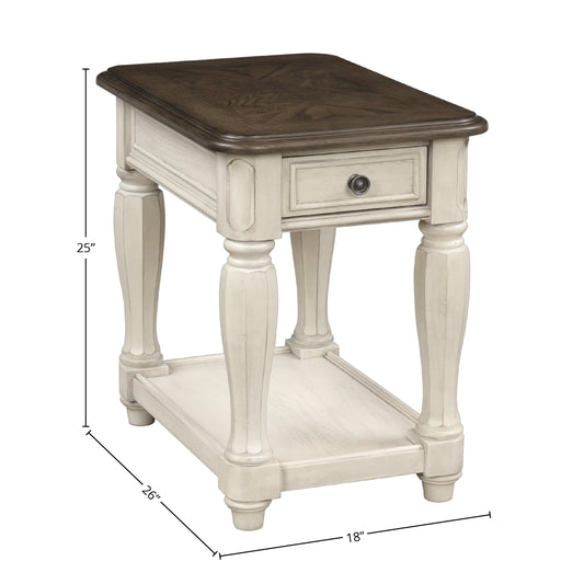 White farmhouse accent table with distressed finish and dark wood top