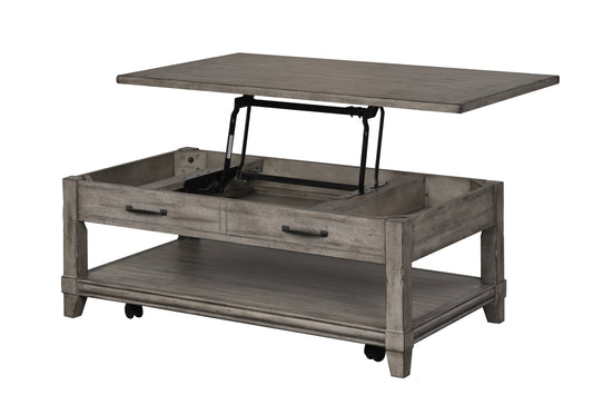 Rustic gray lift top coffee table with two drawers and visible lifting mechanism