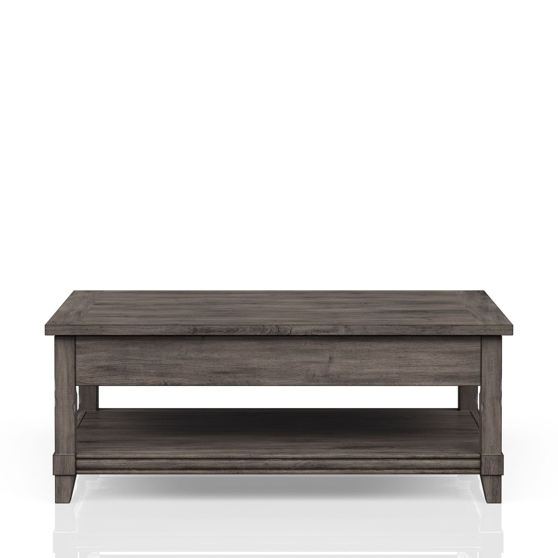Rustic gray wood coffee table with storage shelf