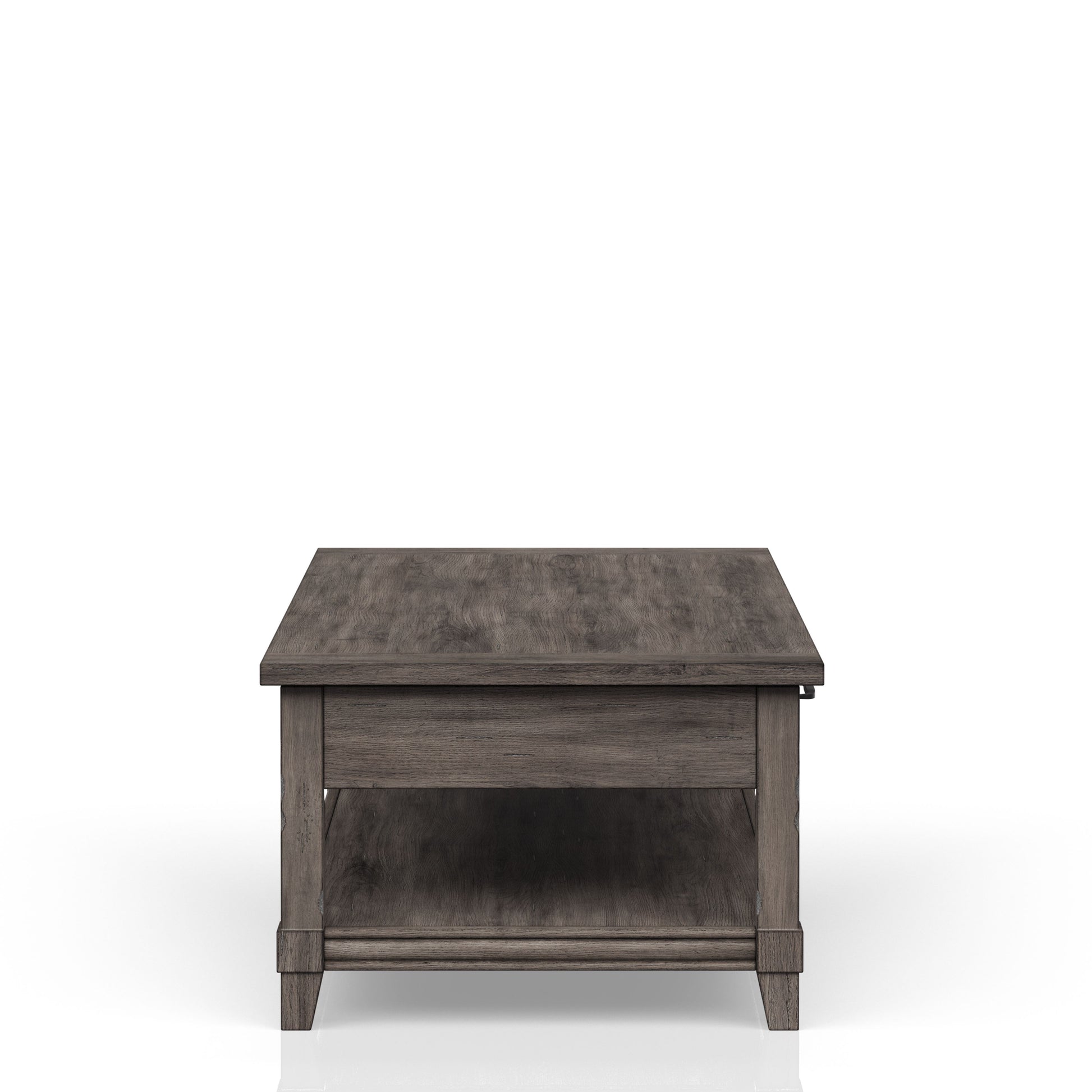 Rustic dark oak wood coffee table with open bottom shelf and single drawer