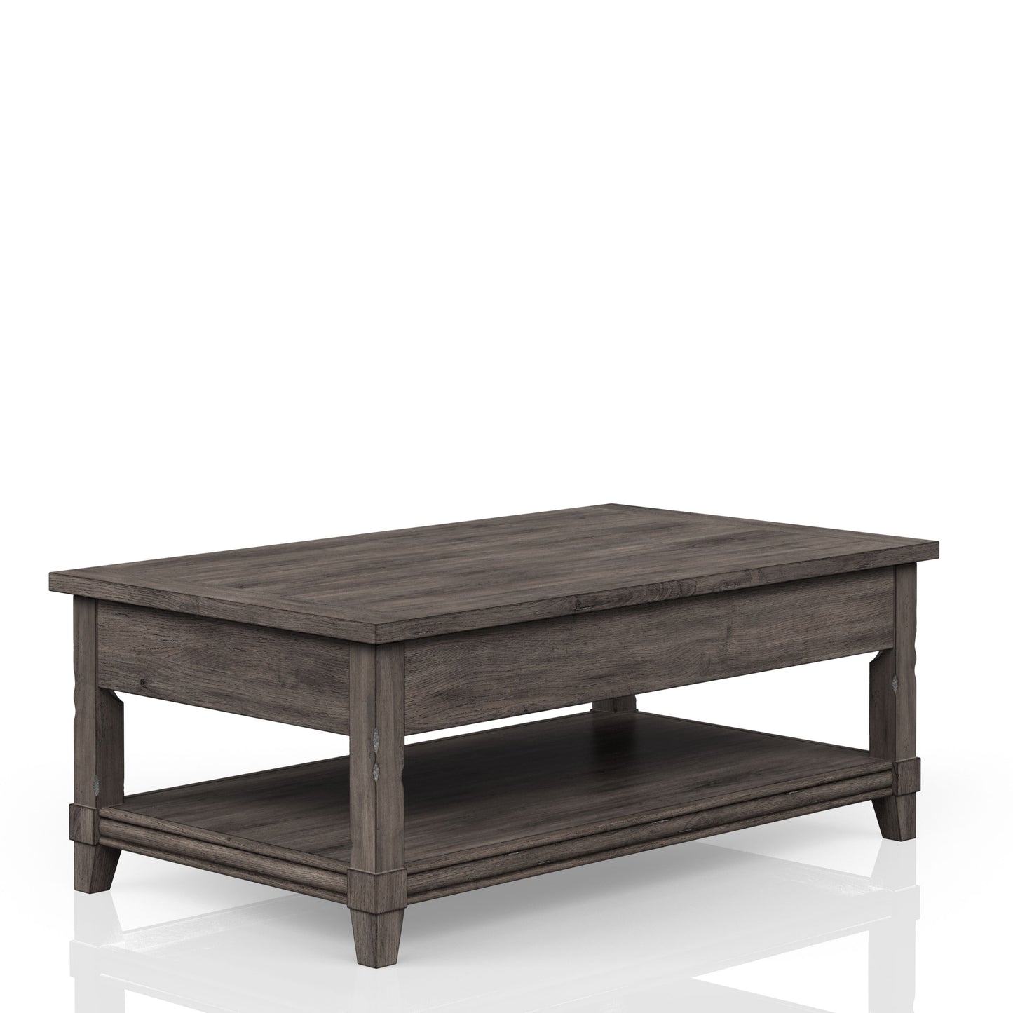 Dark gray lifttop coffee table with shelf and wood grain texture