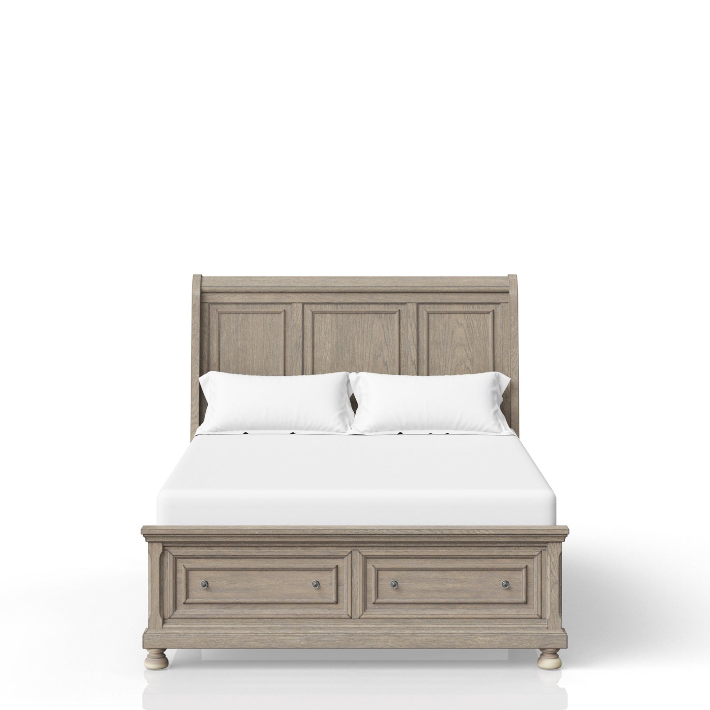 Rustic oak wood queen bed frame with storage drawers and upholstered headboard