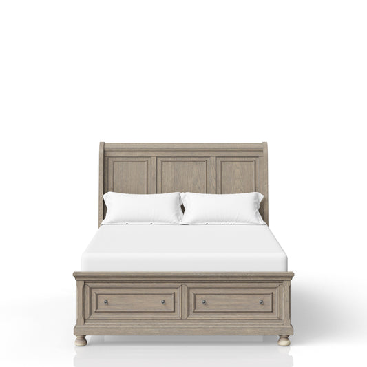 Rustic oak wood queen bed frame with storage drawers and upholstered headboard