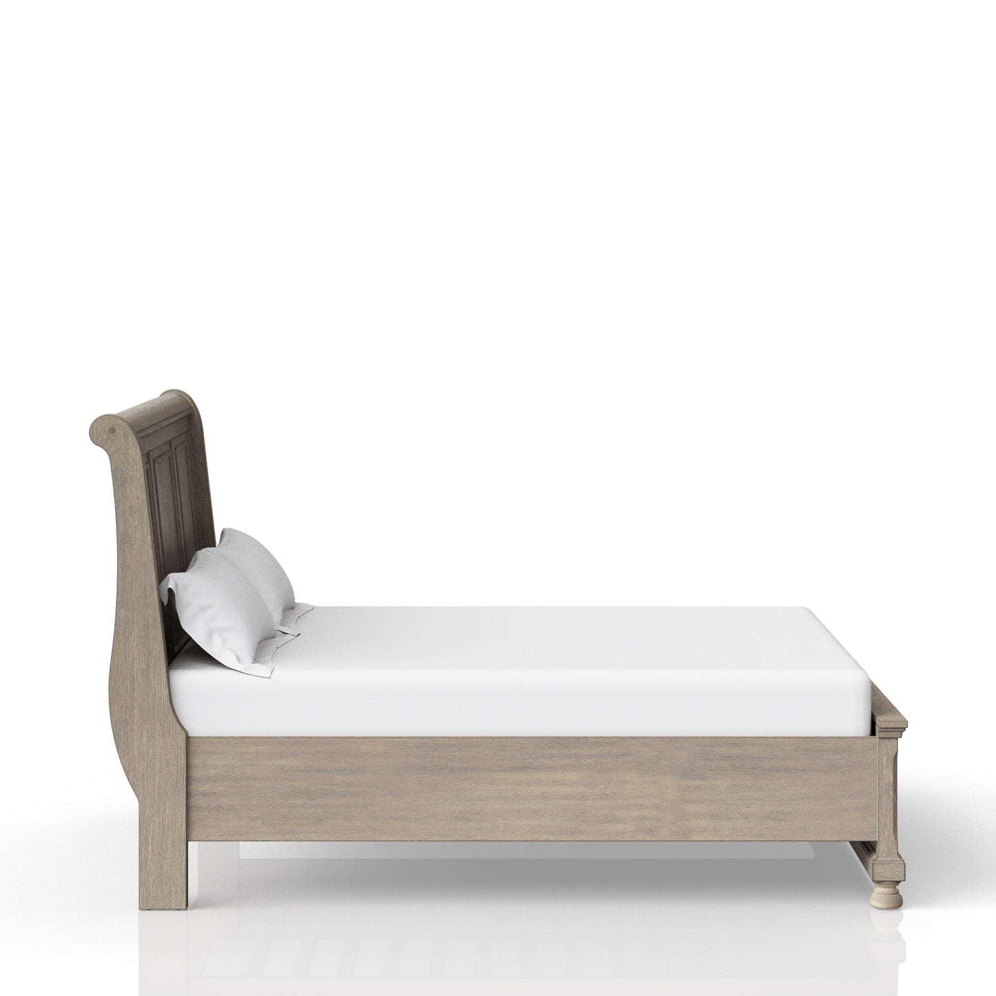 Weathered oak sleigh bed frame with white linens and pillows