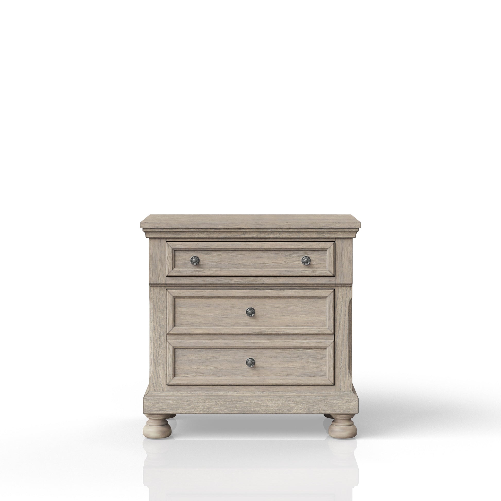 Light brown wood nightstand with three drawers and round metal knobs