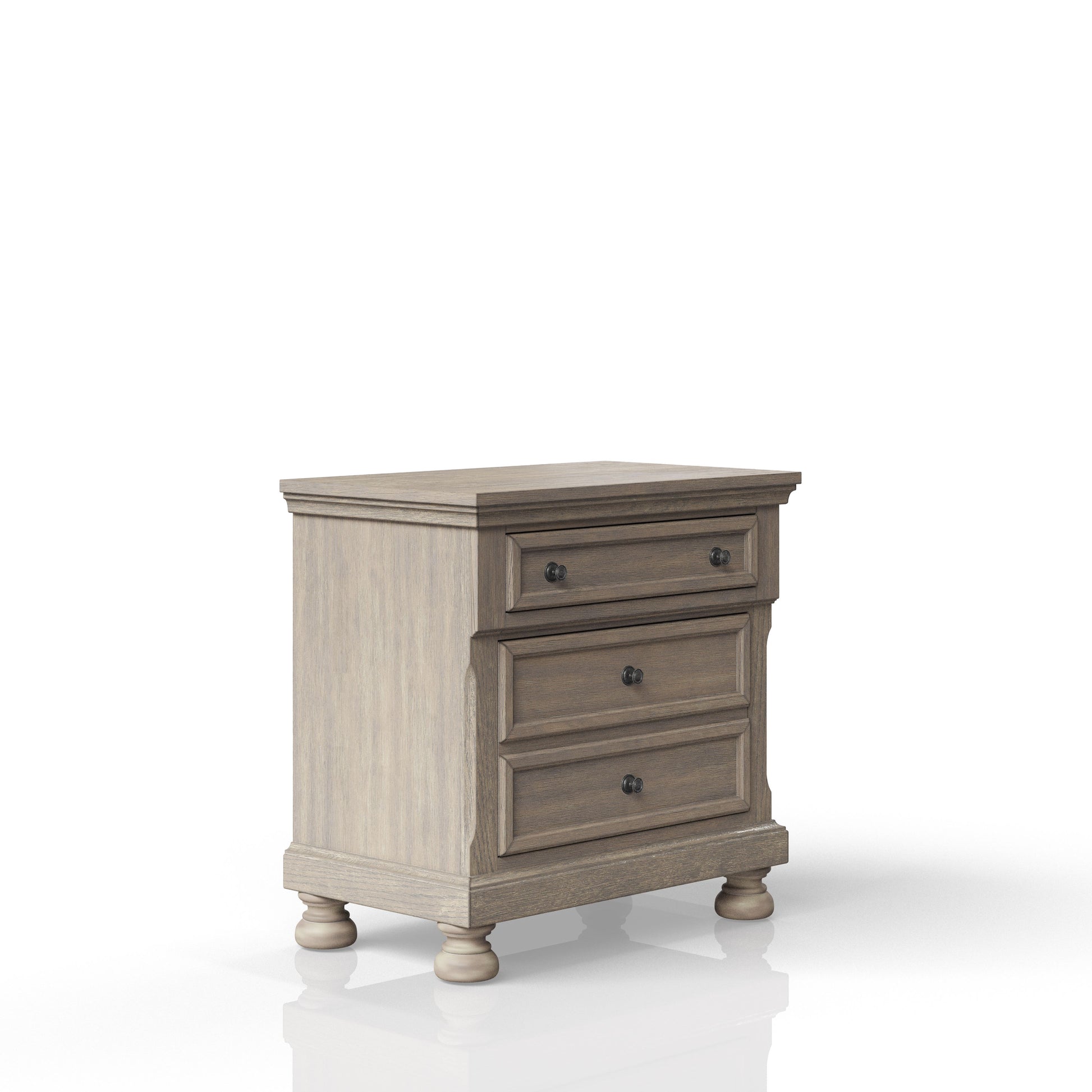 Rustic oak wood nightstand with three drawers and turned bun feet
