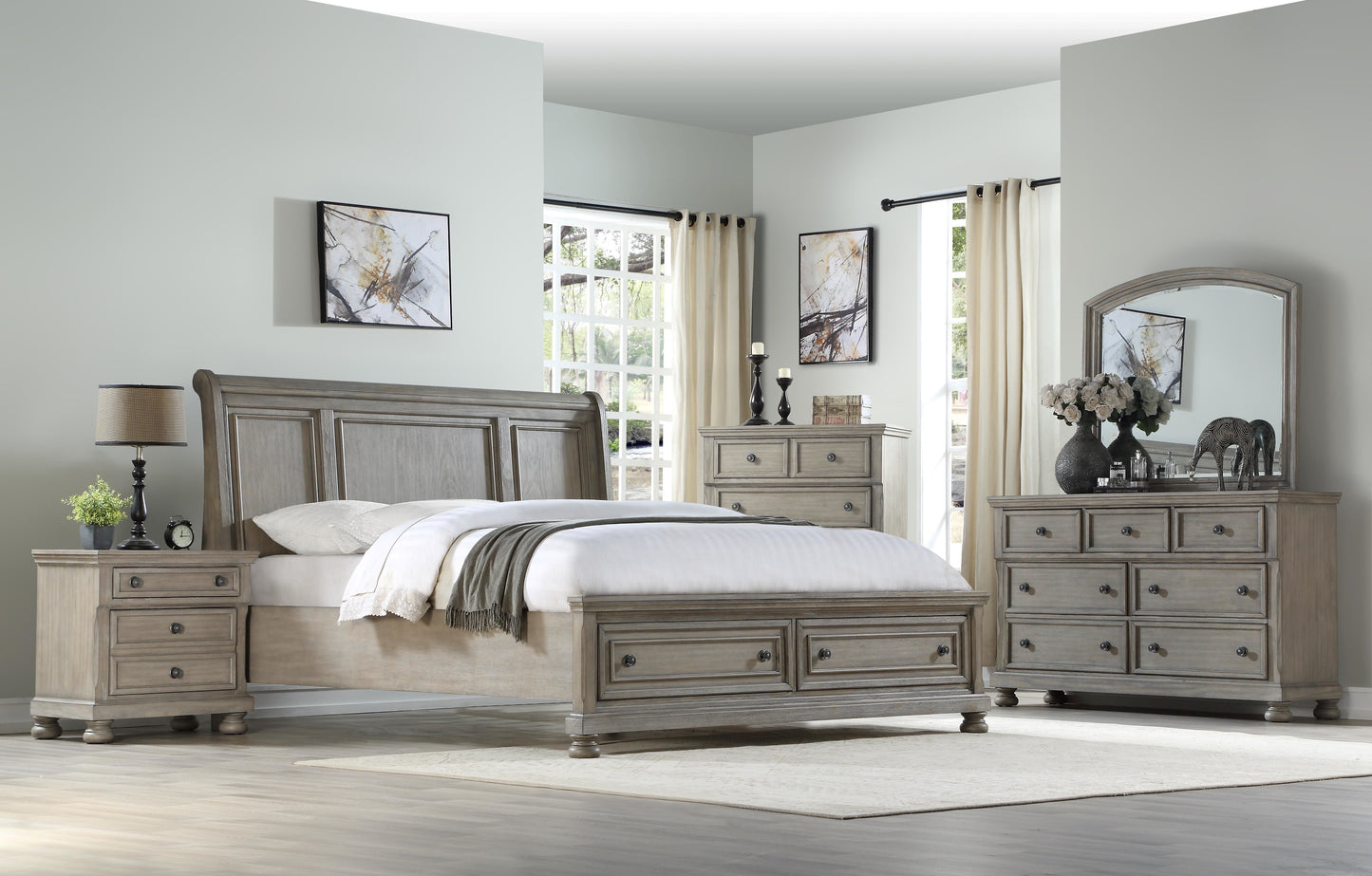 Gray wooden sleigh bed with matching nightstand and dresser