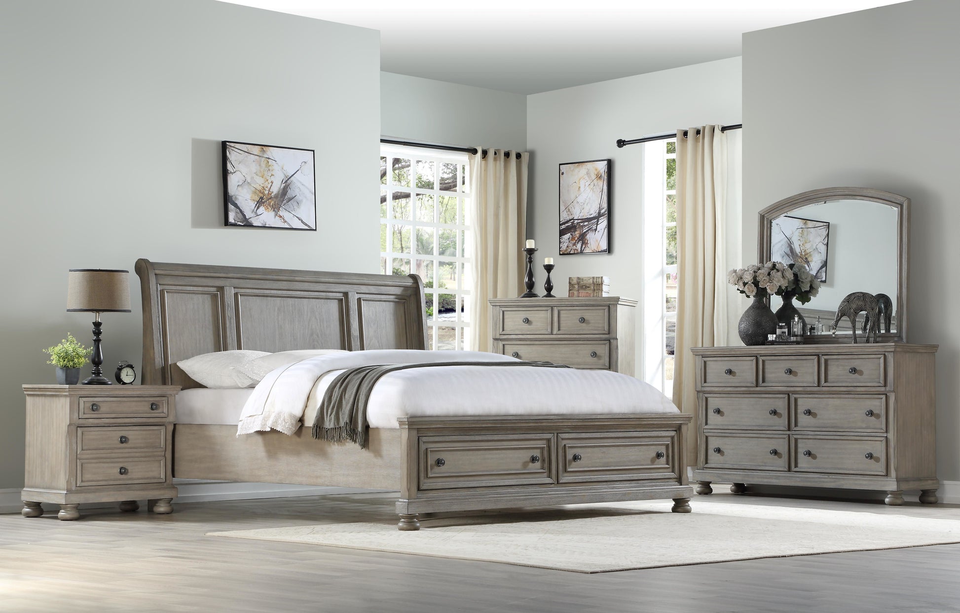 Gray wooden sleigh bed with matching nightstand and dresser