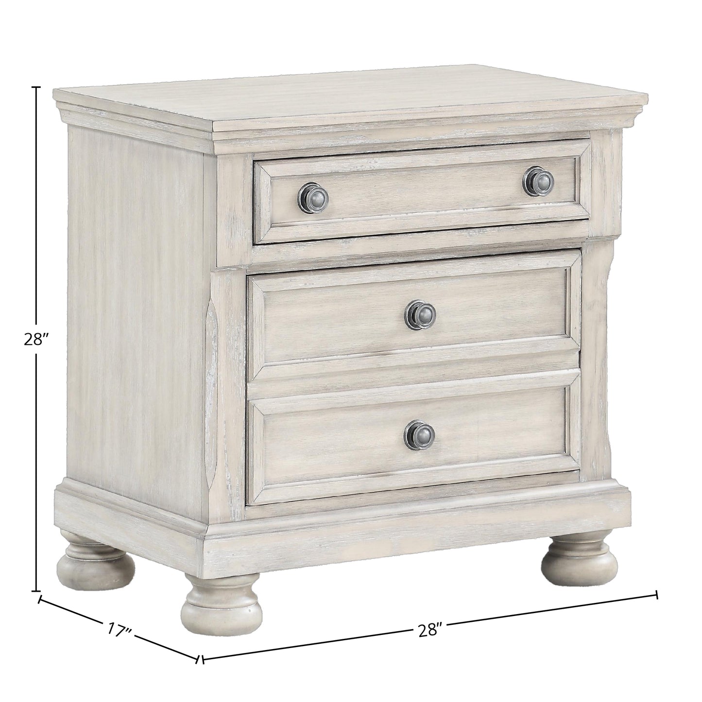 Distressed white wood bedside table with three drawers and antique brass knobs