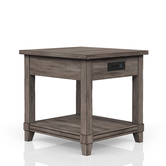 Rustic gray end table with builtin USB and power outlets