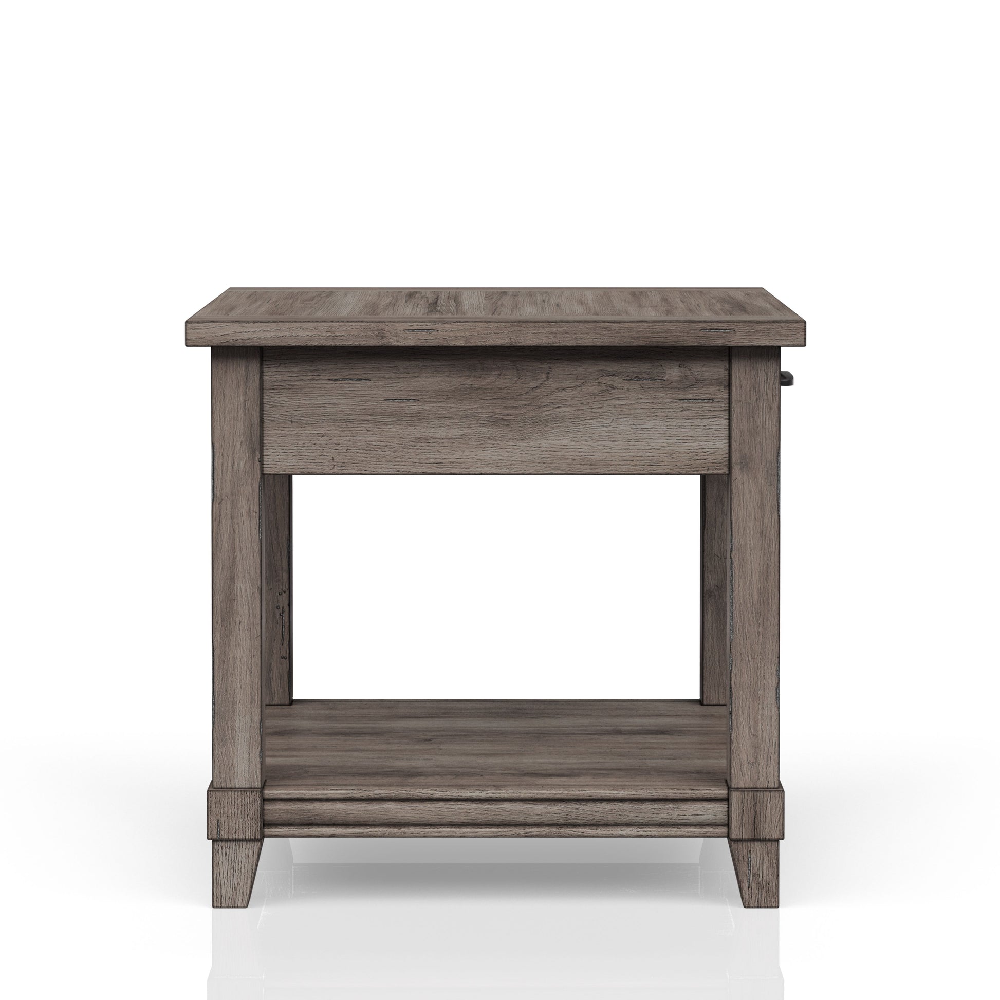 Rustic grey wood end table with one drawer and an open shelf