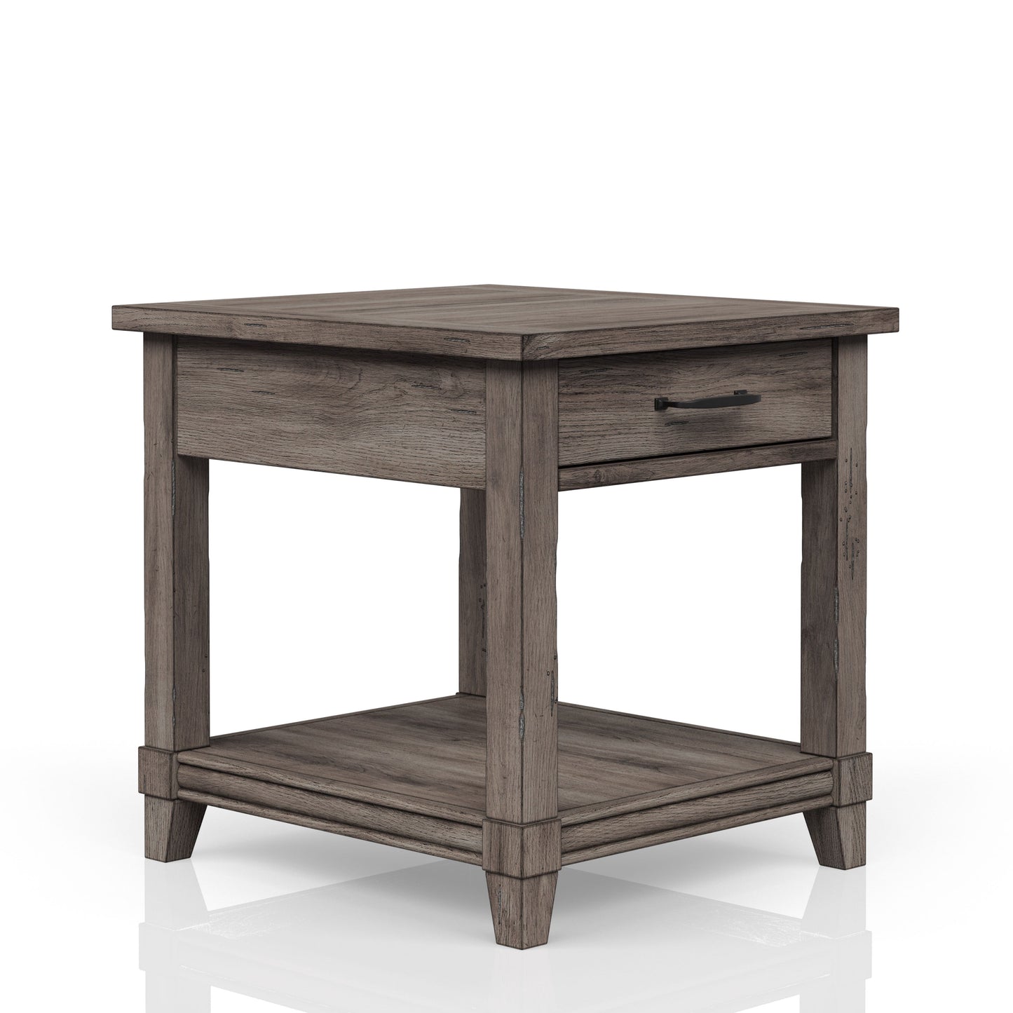 Rustic grey wood end table with one drawer and open shelf