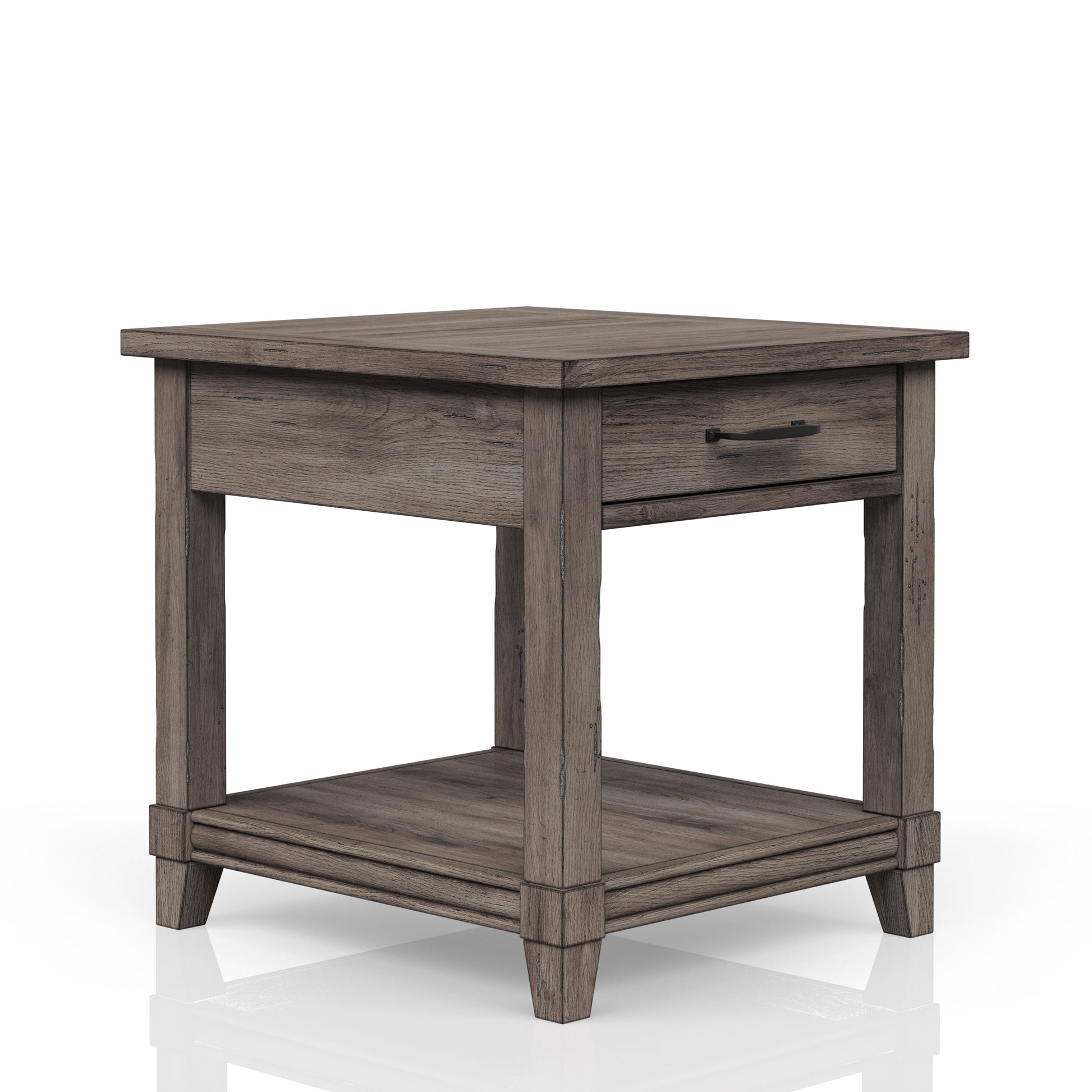 Rustic grey wood end table with one drawer and open shelf