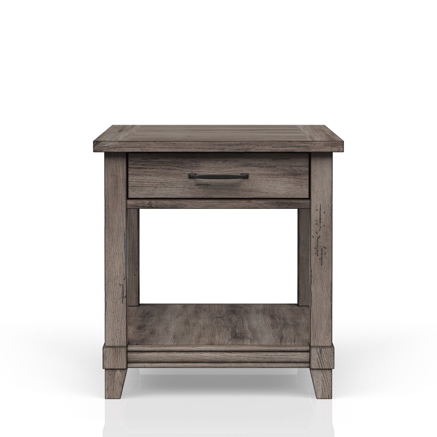 Rustic grey oak end table with one drawer and open shelf