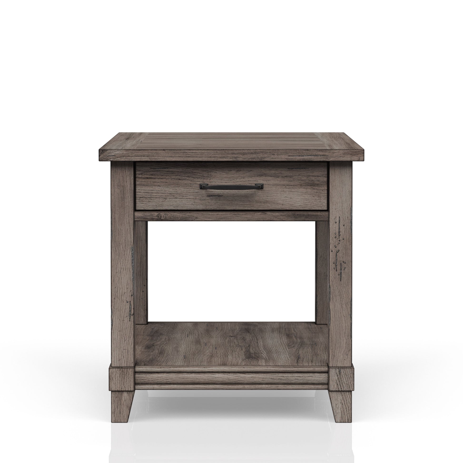 Rustic grey oak end table with one drawer and open shelf