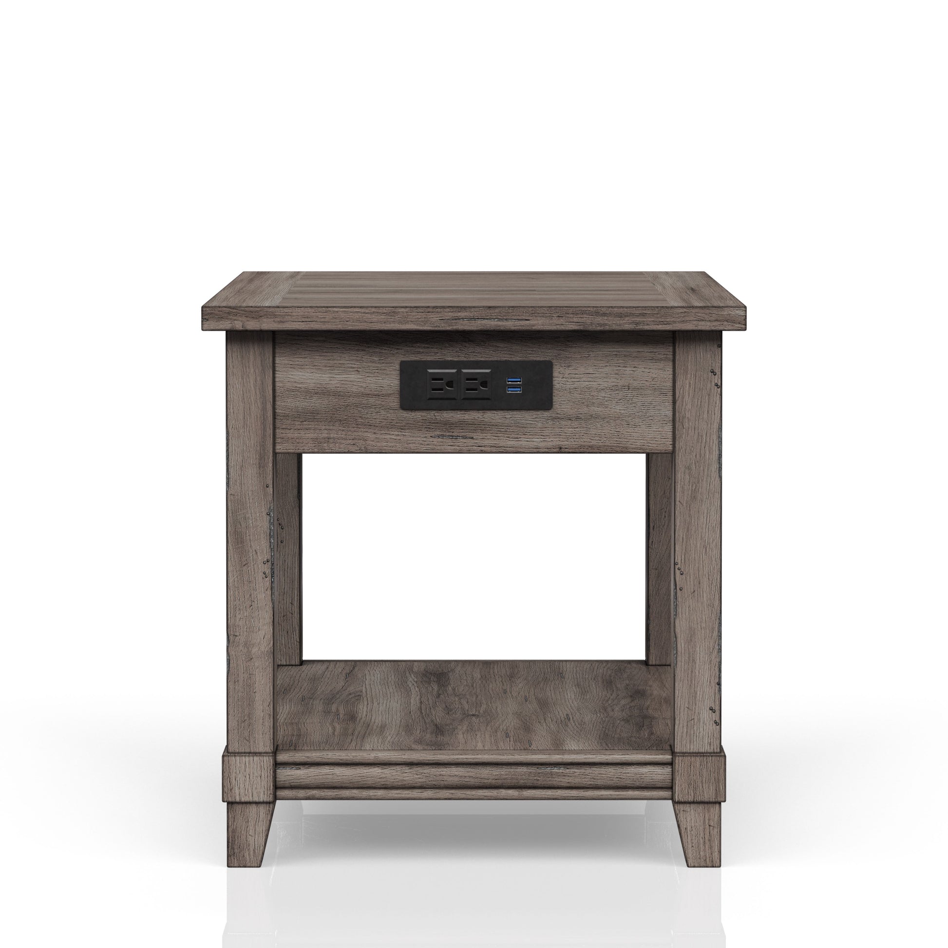 Rustic brown wood nightstand with builtin USB ports and outlets