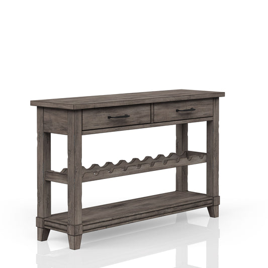 Rustic gray wood console table with two drawers and a wine bottle rack