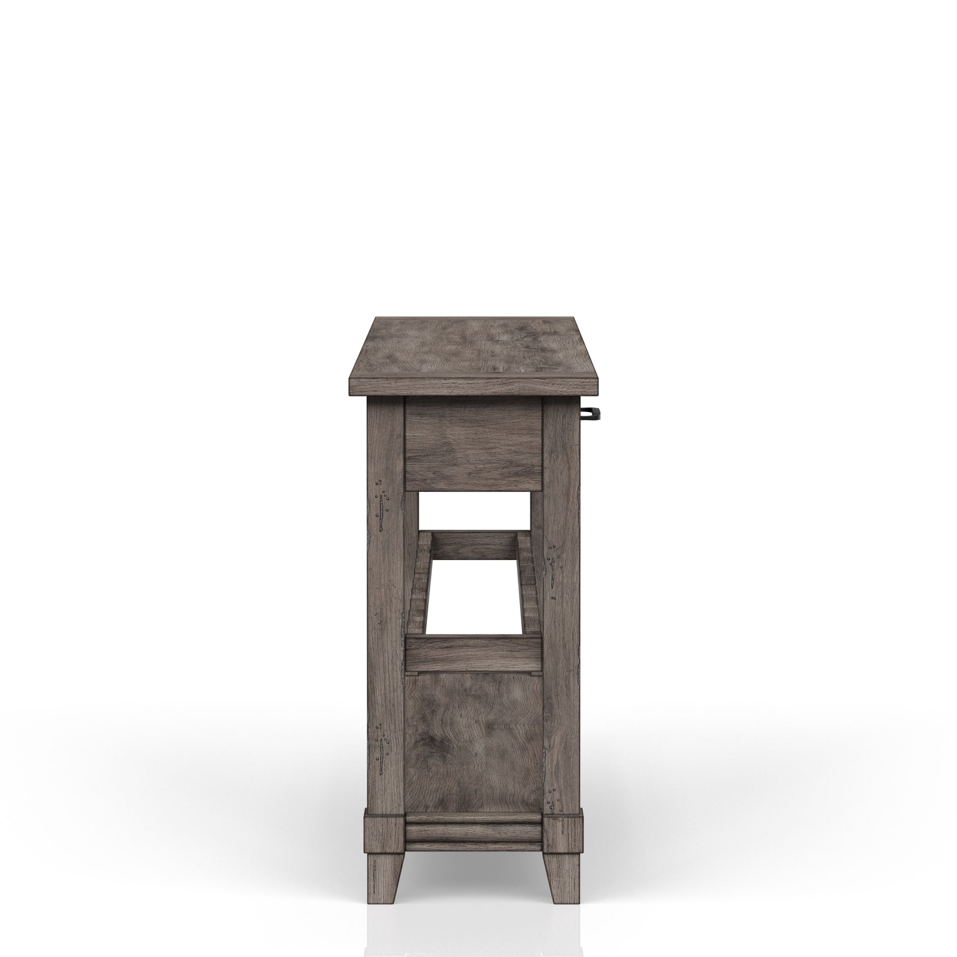Rustic wood end table with open shelf and drawer