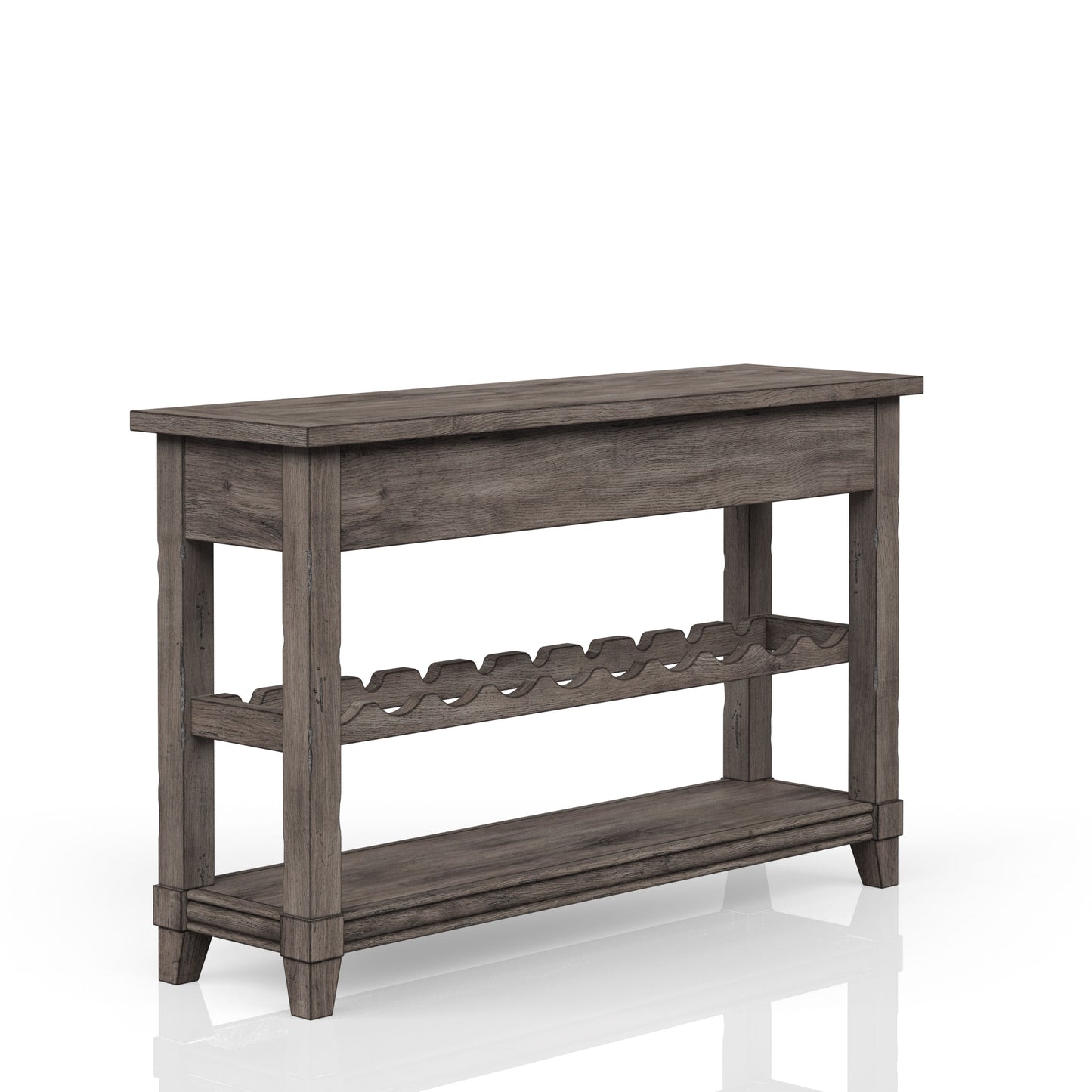 Rustic gray wood console table with wine rack and shelf