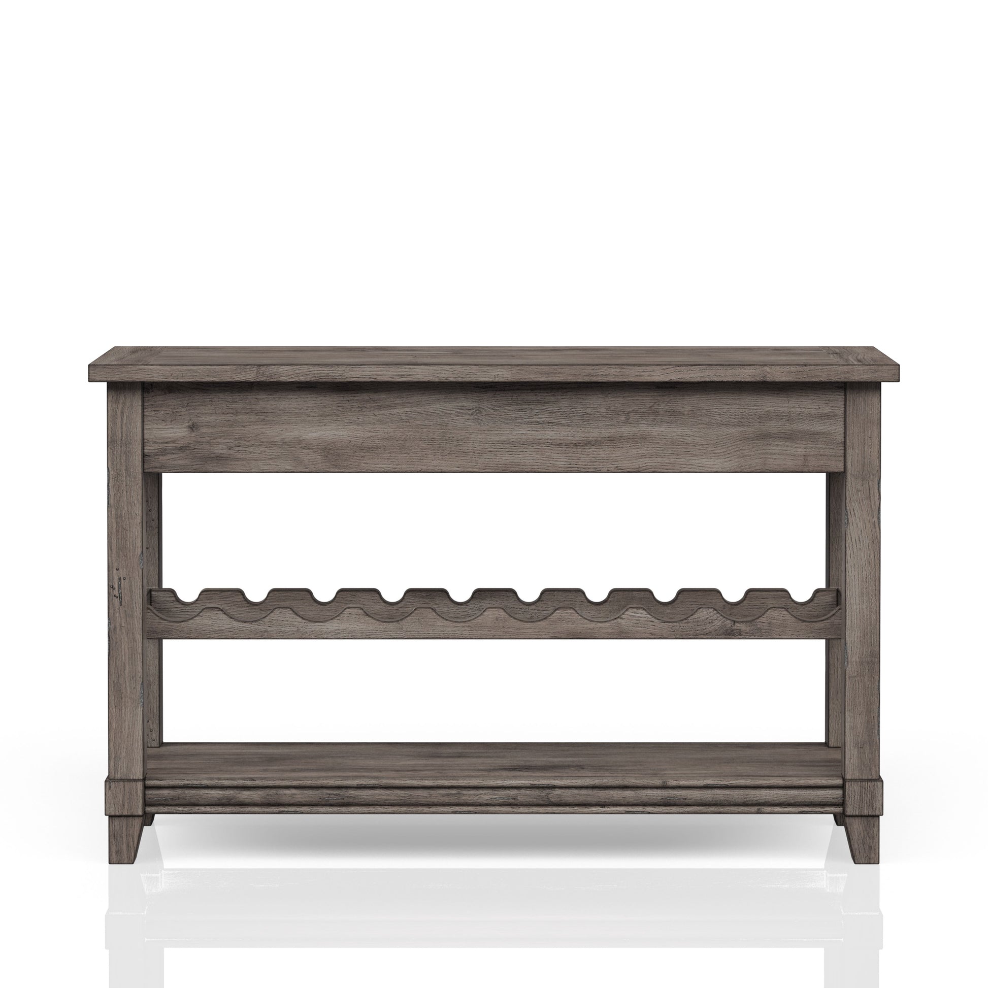 Rustic gray wood console table with two shelves for wine bottles