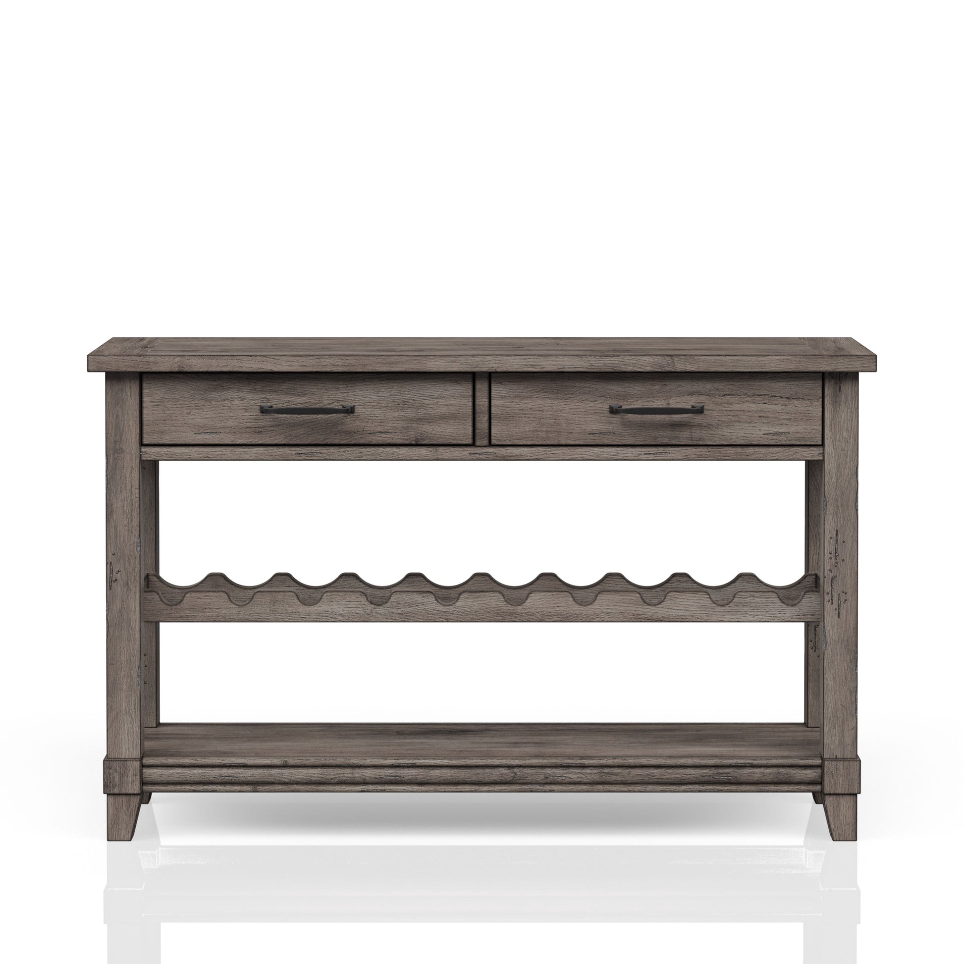 Grey wood console table with two drawers and a wine rack
