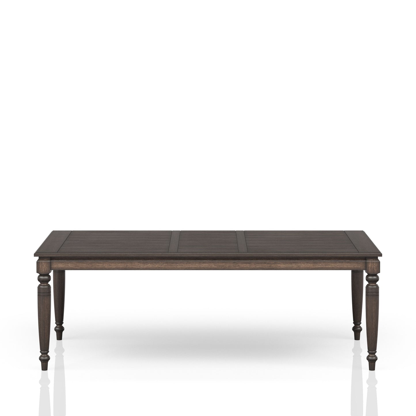 Dark wood rectangular dining table with turned legs and planked top