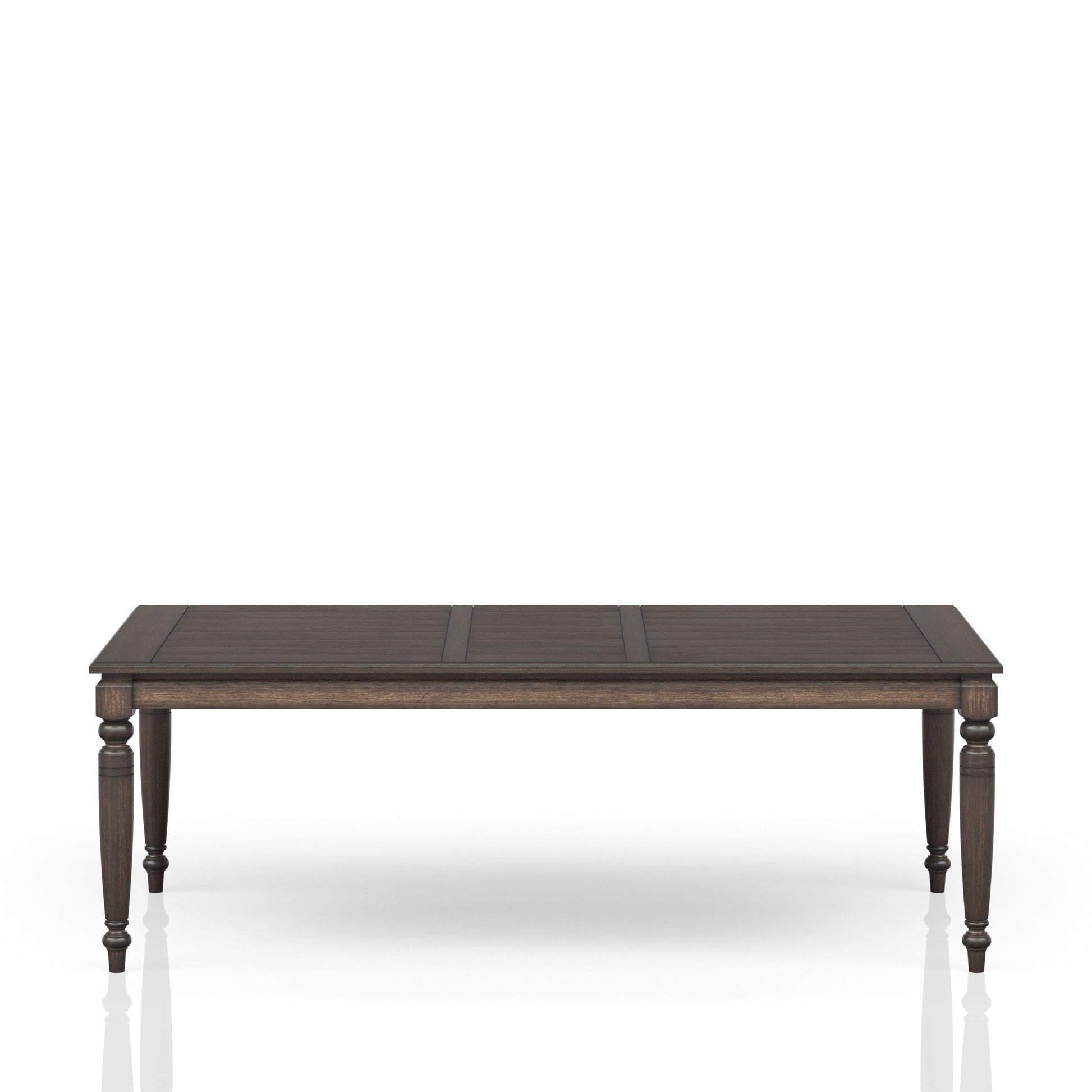 Dark wood rectangular dining table with turned legs and planked top