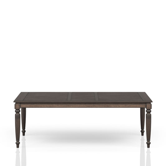 Dark wood rectangular dining table with turned legs and planked top