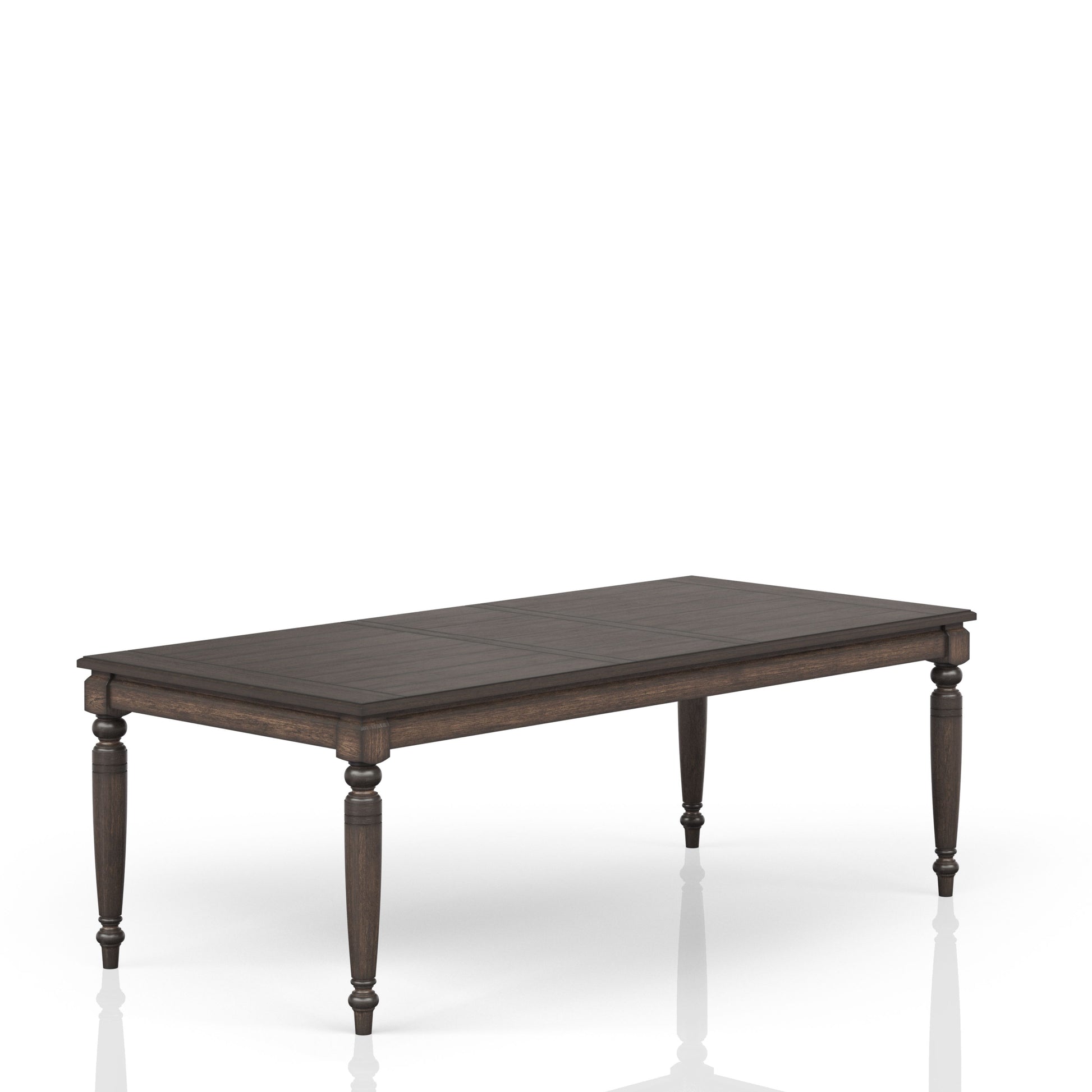 Dark walnut dining table with carved legs and inlaid tabletop