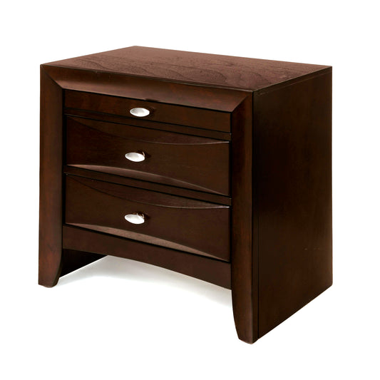 Dark cherry wood nightstand with three drawers and silver knobs