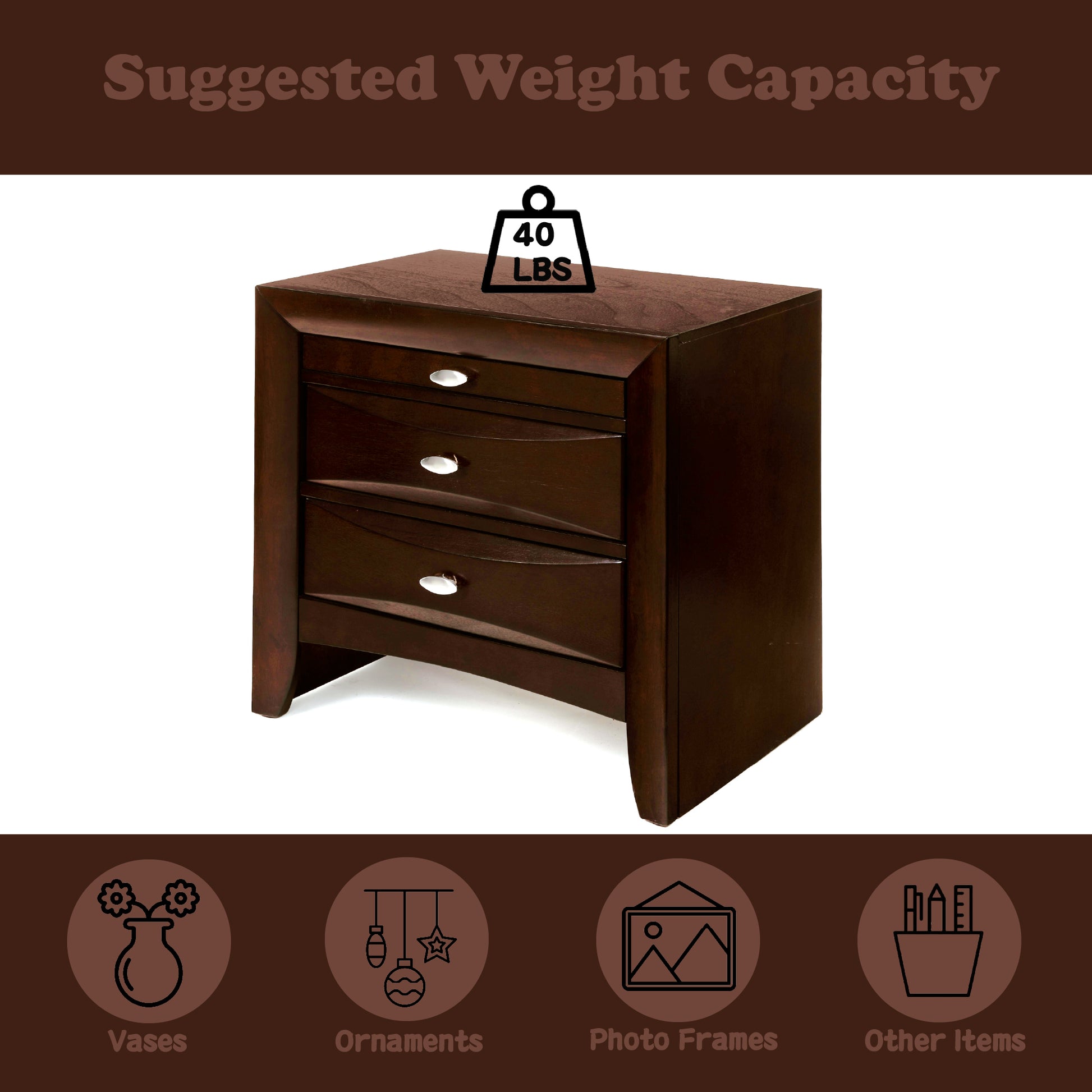 Dark wood threedrawer nightstand with curved drawer fronts