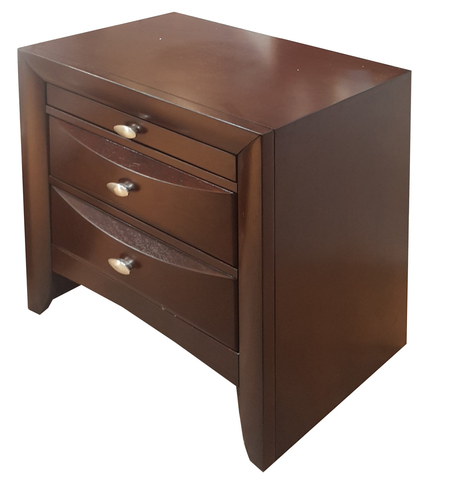 Dark brown wood bedside table with three drawers and silver knobs