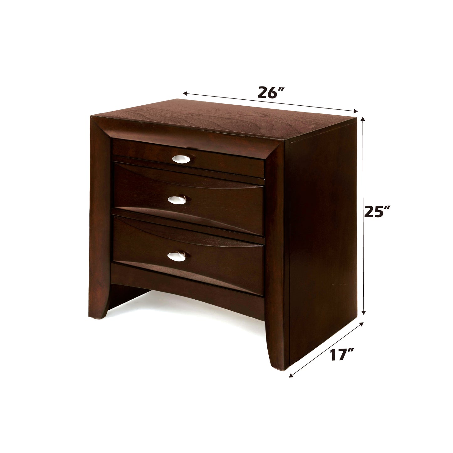 Dark brown wood nightstand with three drawers and silver pulls